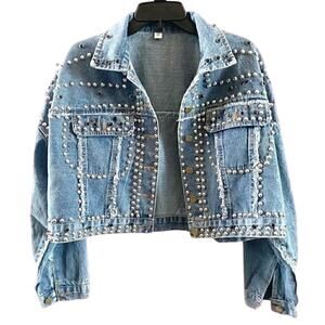 Hand Beaded Rivet Studded Blue Cropped Jean Jacket One Size Denim Festival